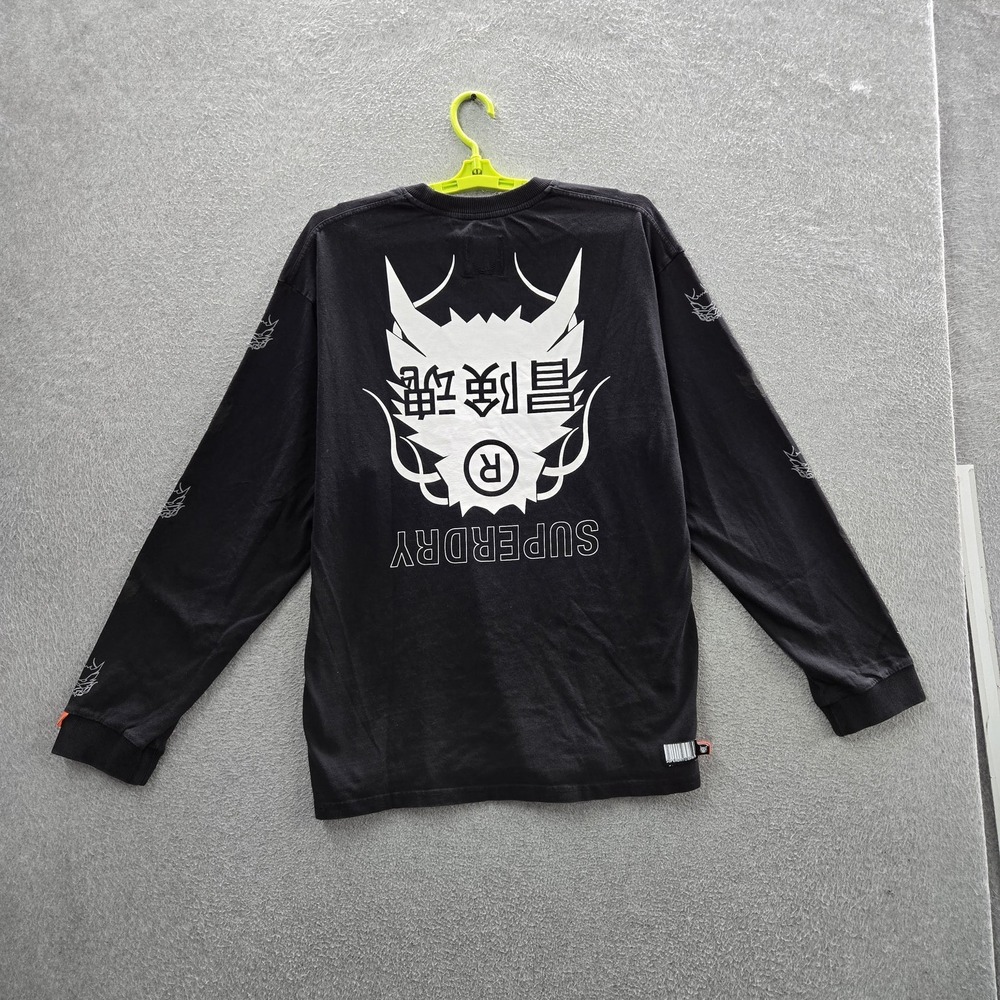 Superdry Men Shirt M/L Black Graphic Back Tee Logo Long Sleeve Energy Opposition